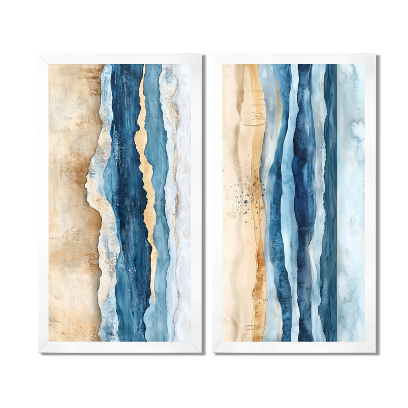 Abstrait côtier, art mural sur toile de sable bleu, océan abstrait et terre, H 40 po x l 40 po, Cadre simple blanc