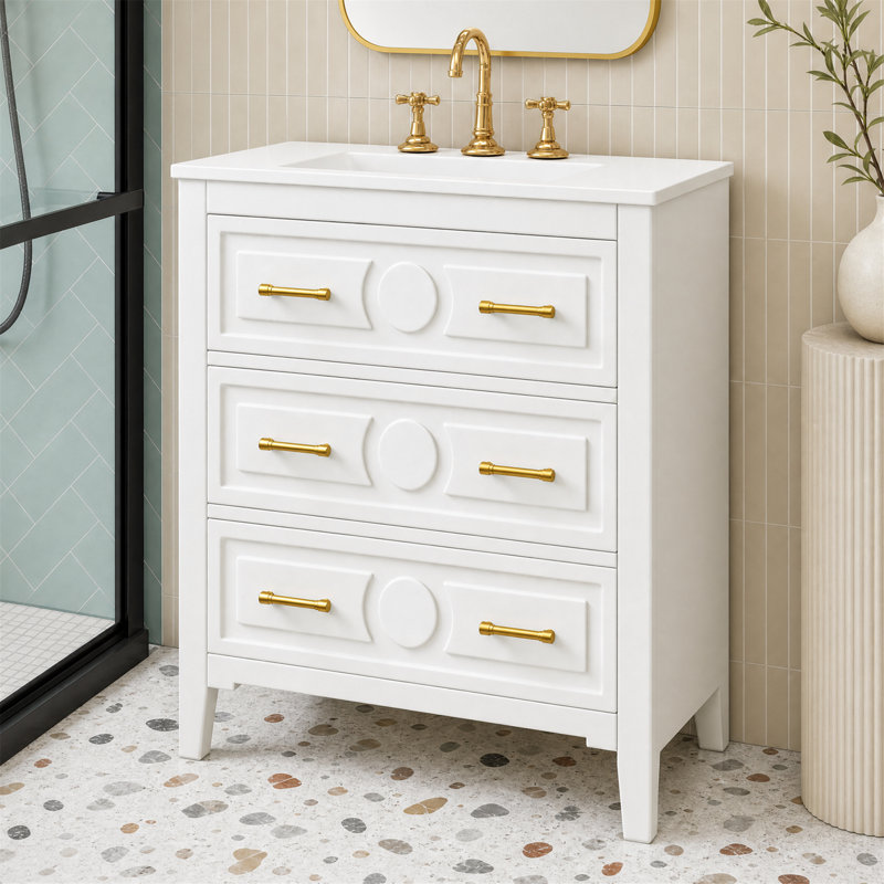 30" Bathroom Vanity With Ceramic Sink Combo, Freestanding Single Vanity With 3 Drawers, Solid Wood Frame, Modern Storage Cabinet