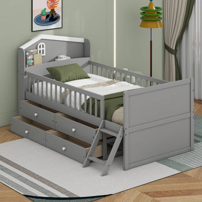 Twin Bed Frame With Storage 4 Drawers, Guardrail Headboard And Ladder