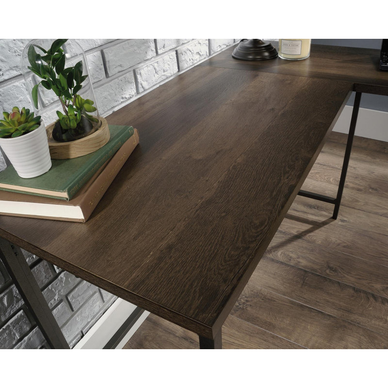 Hersh L-Shaped Metal Base Executive Desk, Smoked Oak