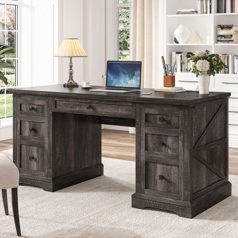55'' Dark Rustic Oak Executive Desk with Power Outlet and USB Port