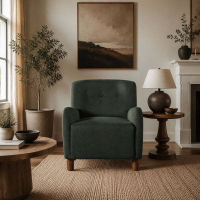 Fauteuil décoratif moderne à boutons capitonnés, avec pieds en bois d'hévéa, idéal pour le salon, la chambre à coucher, le bureau et le coin lecture, vert.