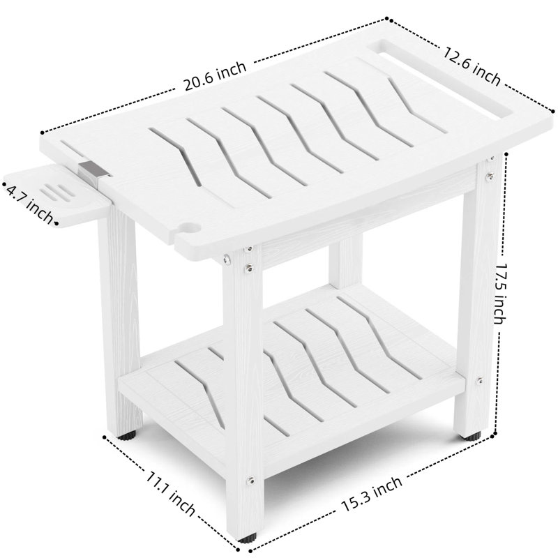 Tabouret de douche d'une capacité de 400 lb avec tablette et poignée, siège de salle de bain imperméable avec pieds antidérapants, banc utilitaire intérieur / extérieur facile à assembler pour adultes, blanc