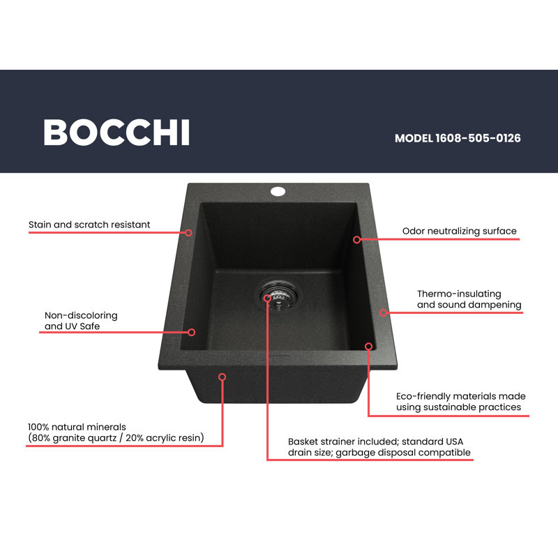 Campino 16'' L Single Basin Kitchen Sink, Metallic Black