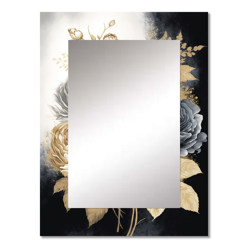 White, Gold And Black Rose Bouquet II - Traditional Wall Mirror, 32" x 24"