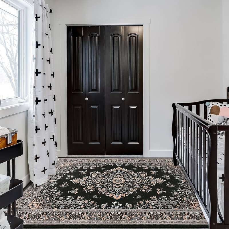 Delcine Washable Floral Indoor Rug, Black/Gray, Rectangle 5' x 7'
