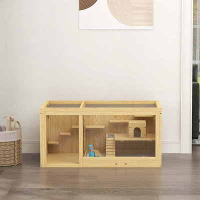 PawHut Wooden Hamster Cage, Extra Large Gerbil Cage, Multi-Layer Small Animal Cage for Dwarf Hamster, Activity Centre with Pull-out Tray, Seesaws, Water Bottle, Ladder, Openable Top