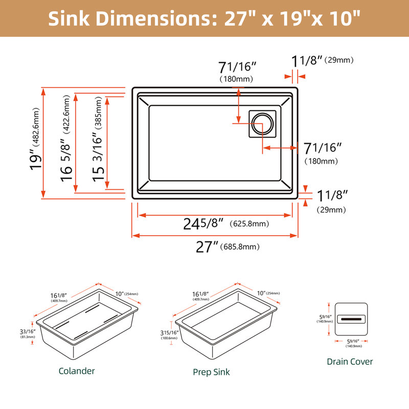 27" X 19" White Undermount Kitchen Sink Workstation Rectangular Sink Granite Composite Dual Mount Single Bowl Basin Farmhouse Deep Sink with Accessories
