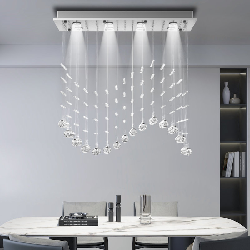 Herrin 8-Light Modern Crystal Chandelier With K9 Prisms And Nickel Finish, 78-Inch Linear Dining Room Pendant Light (Set Of 2)