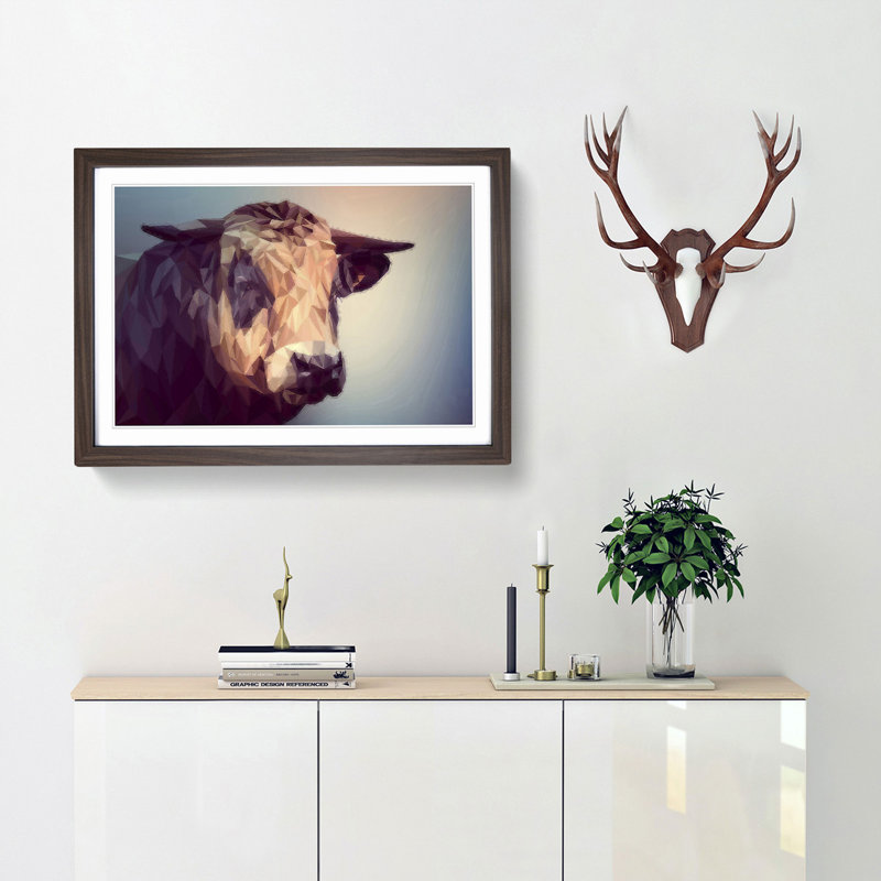 Geometric Cow Bull in Abstract - Framed Print, 27cm H x 36cm W x 2cm D, Walnut Framed