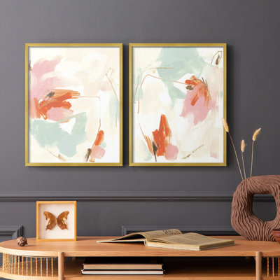 «Peach Blossom Mirage I», reproduction encadrée de qualité supérieure - prête à être accrochée - aucun clou requis - aucun clou requis