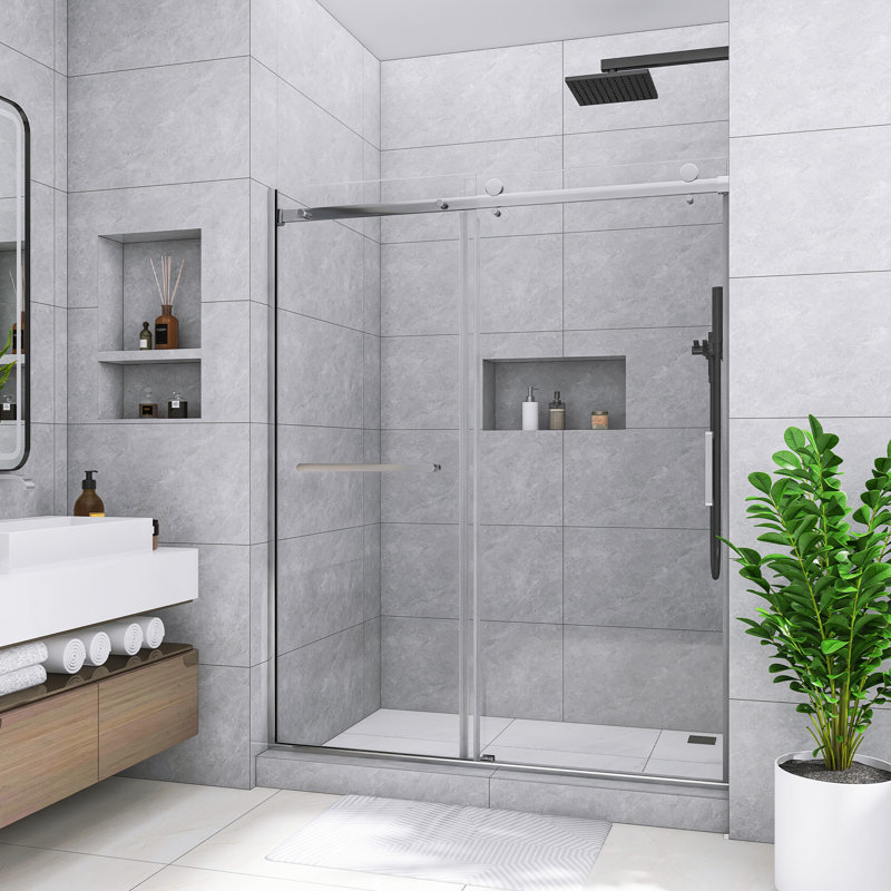 60 po X P 75 po H Porte de douche coulissante réversible semi-sans cadre au fini nickel brossé, Nickel brossé