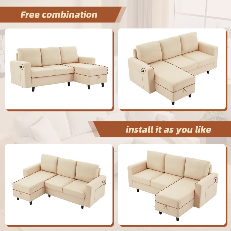 Celis 3 Seater Sofa & Chaise, Beige Linen