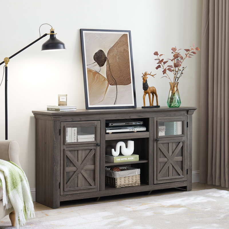 Farmhouse TV Stand With Storage Large Media Cabinet And Adjustable Shelves, White