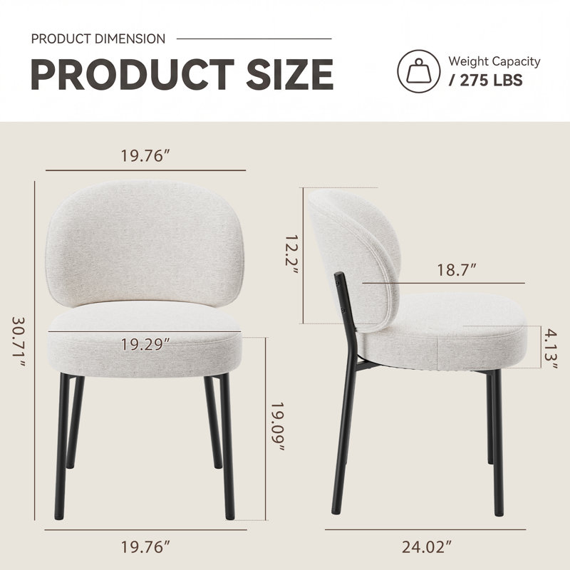 Chaises de salle à manger rembourrées de 49 cm de large avec dossier incurvé ergonomique, Beige