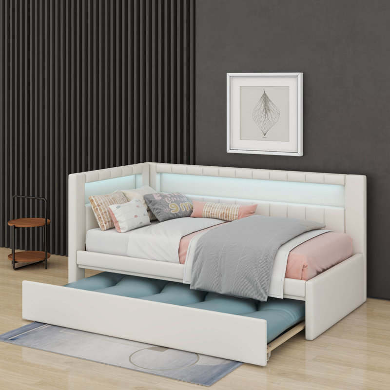 Lit plateforme simple tapissier avec ports USB et lit gigogne, Blanc