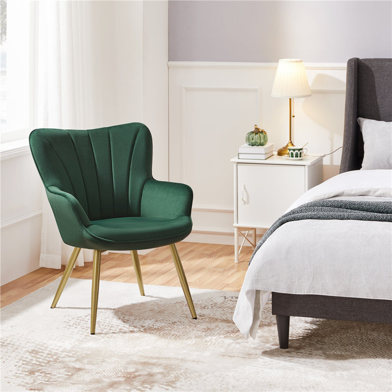 Bakhyt 25" Wide Upholstered Curved Back Armchair, Green Velvet, Gold