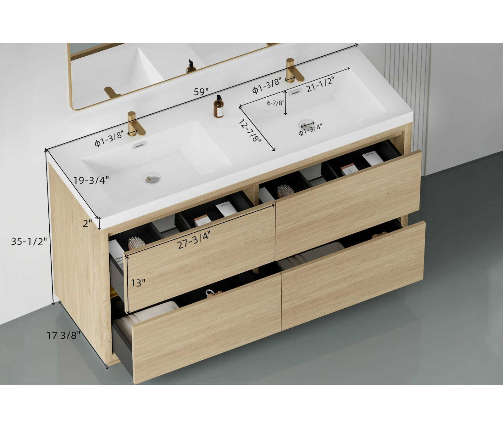 Beira 60" Double Bathroom Vanity, Oak