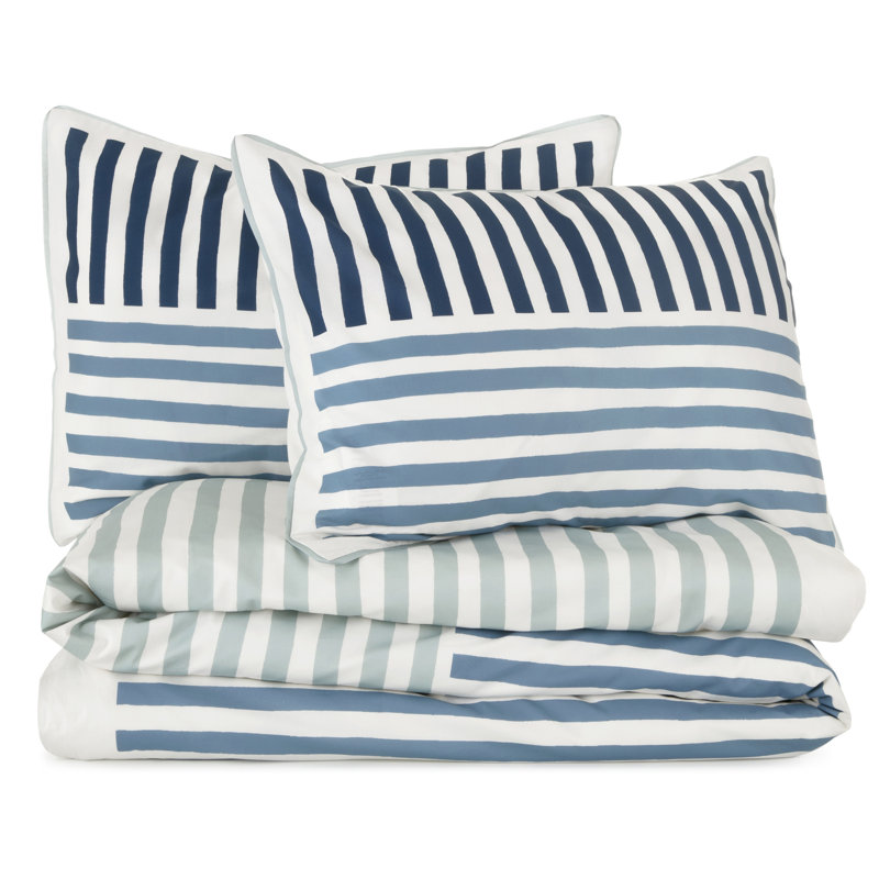 Blue and White Cotton Twin Comforter Set with Stripes
