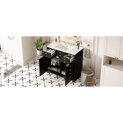 Armoire de salle de bain en bois massif noir avec 2 tiroirs compartiment de rangement dissimulé avec tiroirs en céramique, espace pour l'essentiel