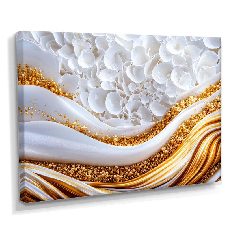 Marbre fleuri de blanc doré - art mural abstrait en marbre, H 34 po x l 44 po, Toile tendue, Ne s’applique pas