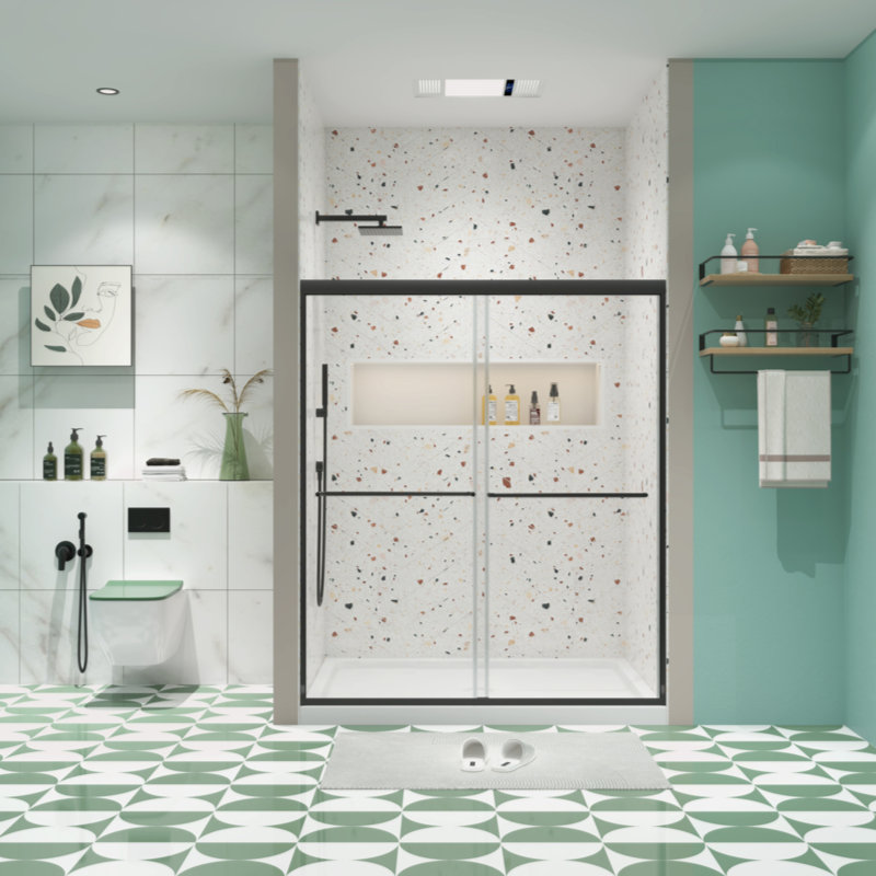 Porte de douche à dérivation, porte coulissante, avec verre trempé de 1/4 po 56-60 po x 70 po, Noir mat