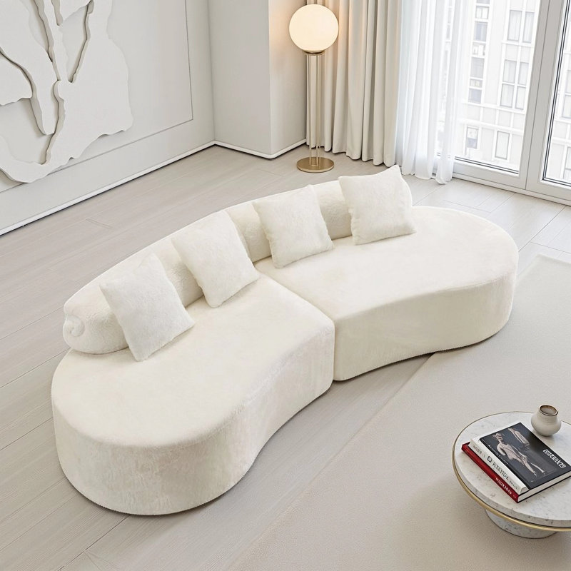 Canapé modulaire incurvé de style moderne en flanelle de 111,4 po, 2 pièces avec 4 coussins, Velours blanc