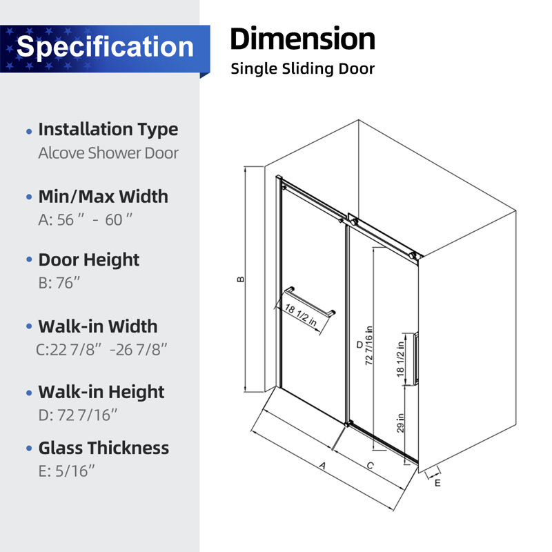 56-60 "W x 76"H Frameless Glass Sliding Shower Door, Matte Black Material, 5/16" Thick Tempered Glass, Easy Clean Coating