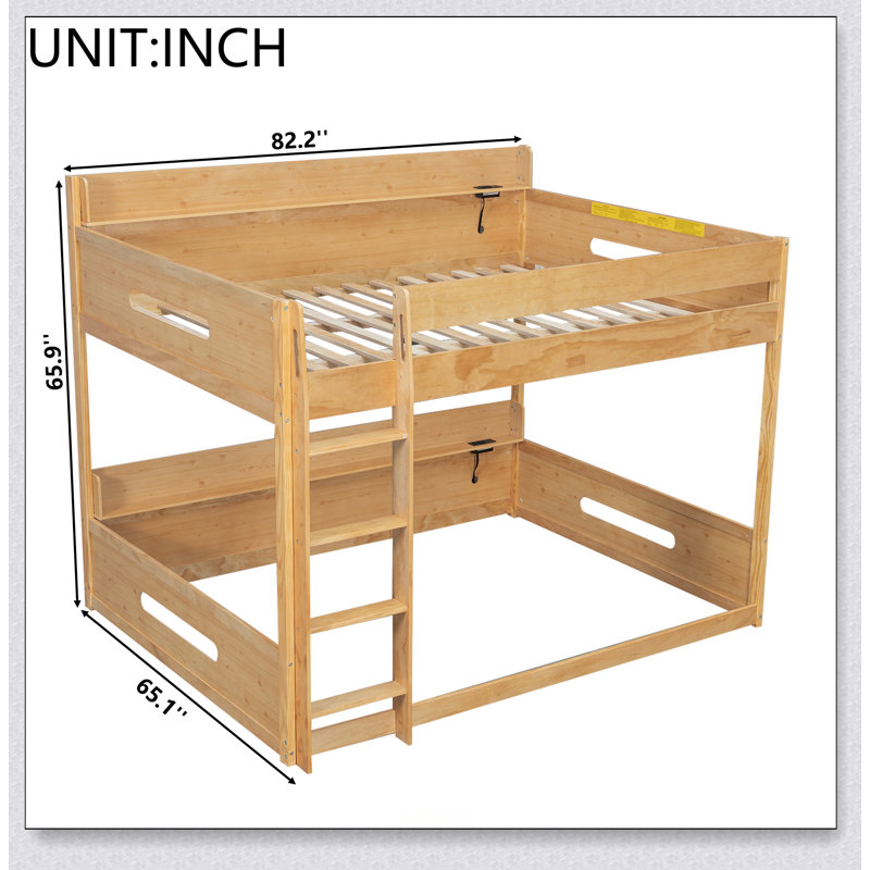 Queen Over Queen Bunk Bed With Storage Shelves And USB Ports, Wood