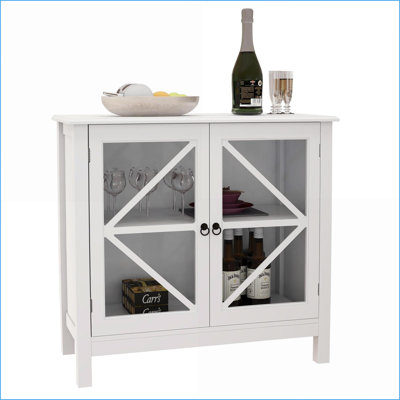 Cabinets with Double Glass Doors, Rustic Kitchen Storage Cabinet | Cream | MDF