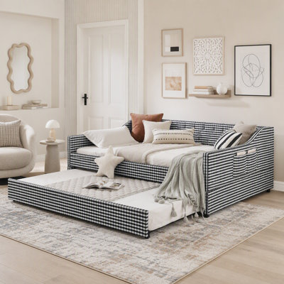 Full 3-in-1 Convertible Upholstered Daybed with Trundle and Storage Pockets