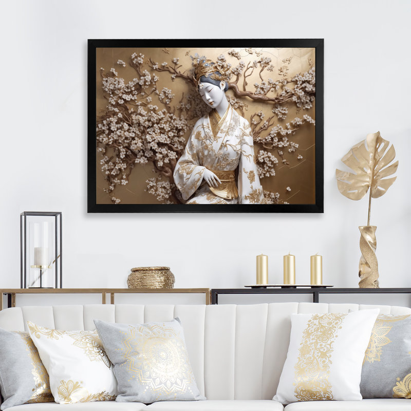 Statue de femme japonaise sur toile, impression, Cadre simple noir, H 34 po x l 44 po x P 1,5 po