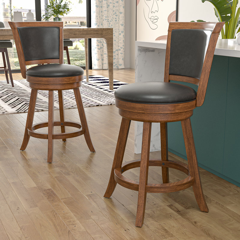Swivel Upholstered Counter Stool with Solid Wood Frame, Bar Stool (29" Seat Height), Black Seat/Brown Base