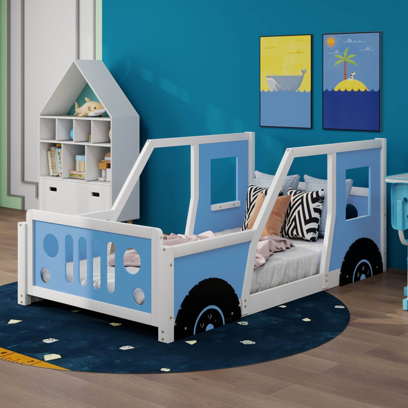 Lit plateforme classique avec roulettes inspiré des voitures, disponible en taille simple, Bleu