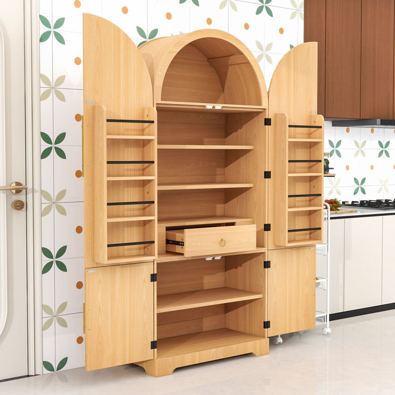 Grand garde-manger avec tablettes réglables, tiroir et panneaux cannelés pour la salle à manger ou la salle de bain, Naturel