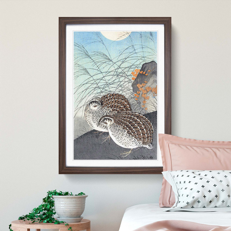 Two Quails by Ohara Koson - Picture Frame Painting Print, 65cm H x 48cm W x 2cm D, Walnut Framed