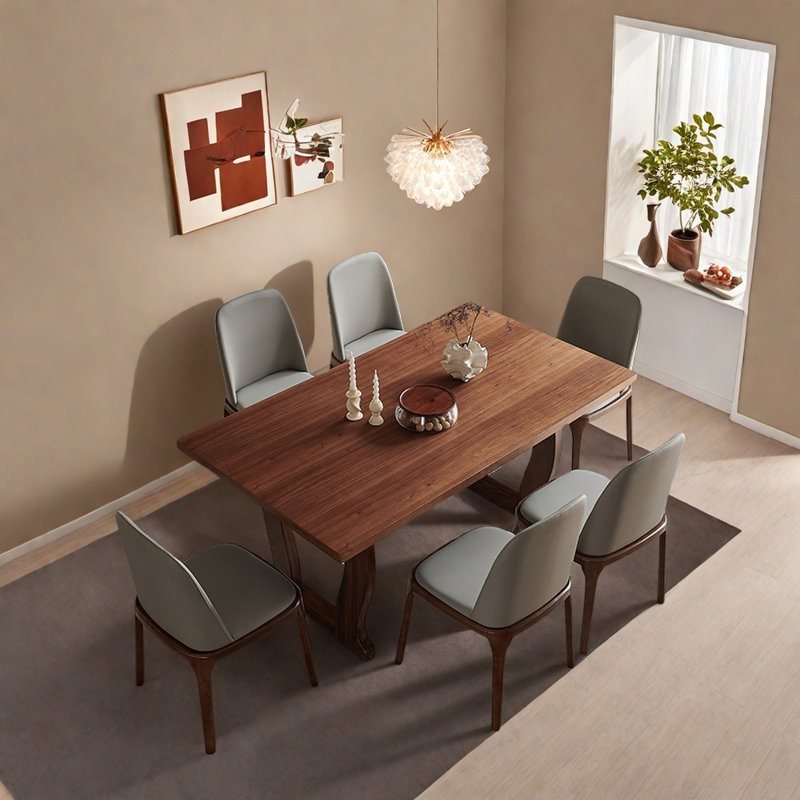 Walnut-colored modern and simple dining table set, 29.52"H x 78.74"L x 35.43"W