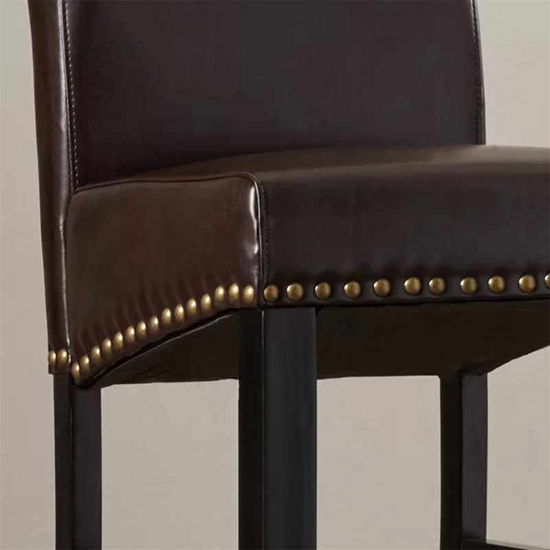 Luxurious Brown Leather Counter Stool with Solid Wood Frame