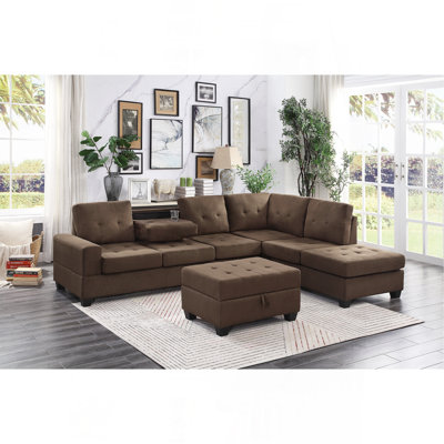 Modern Living Room 3-Piece Sectional Reversible Sofa Chaise Storage Ottoman Tufted Detail Brown Microfiber Upholstered Drop-Down Cup-Holder Solid Wood Frame Furniture