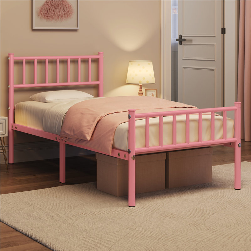 Minimalist Metal Bed Frame with Slatted Headboard, Single (3'), Pink