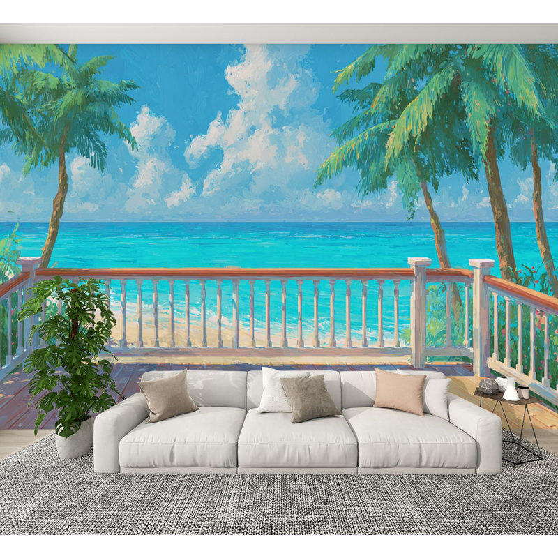 Papier peint adhésif tropical Tropical Sea Paradise Beach Villa Terrace View Blue Ocean, L 144 po x l 100 po