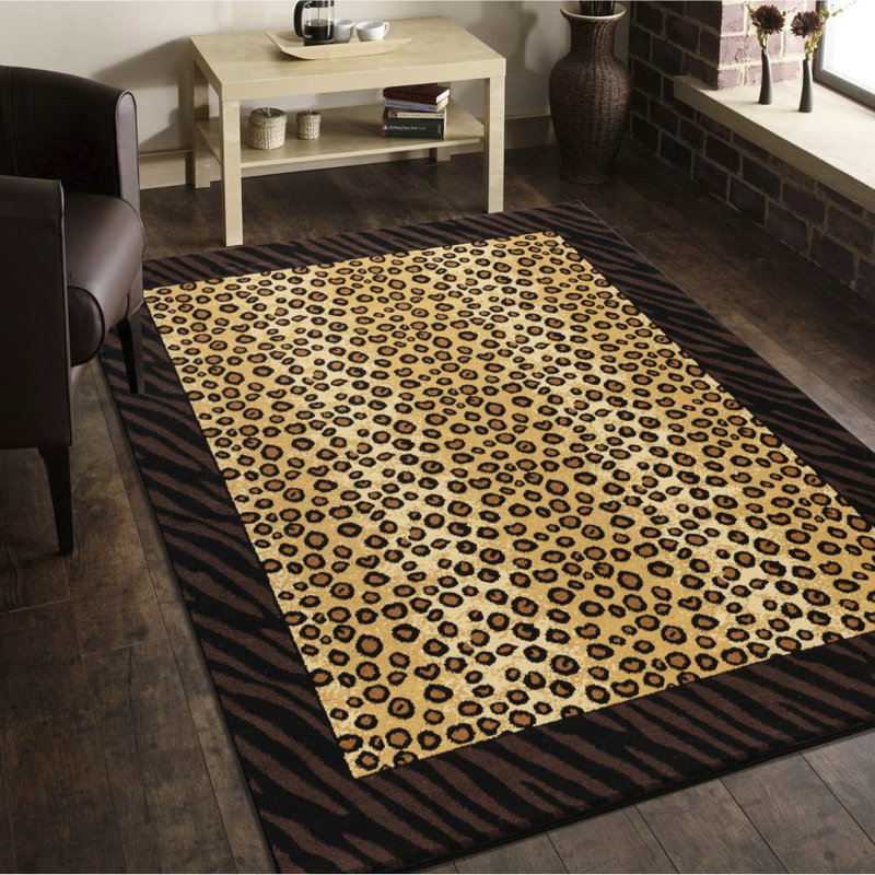 Area Rug 5 Ft. 3 In. X 7 In., Beige And Black Colour, Rustic Wild Mountain Style, Machine - Made Polypropylene With Jute Backing Animal Print Lodge Backing, Stain Soft