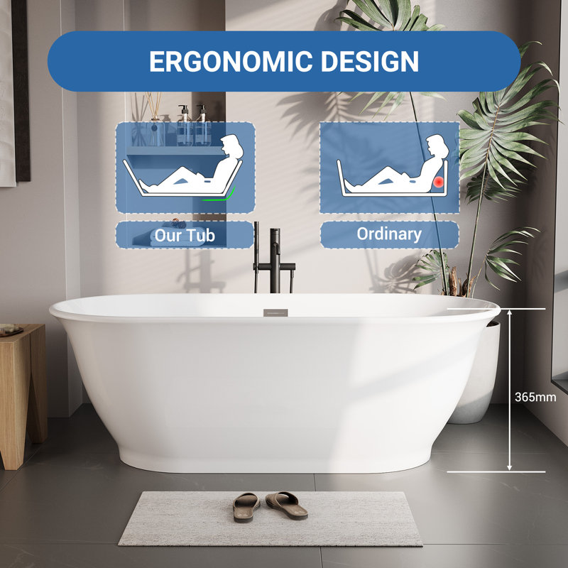 59 Inch Acrylic Freestanding Bathtub, Luxury Oval Soaking Tub, Modern White Stand Alone Bath with Chrome Drain and Overflow, Deep Soaking Tub for Bathroom