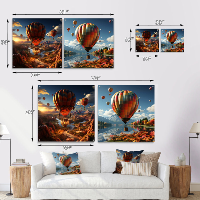 A Fantasy Art Représentation de montgolfières - montgolfière acrylique, ensemble de 2 verres muraux, H 16 po x l 33 po