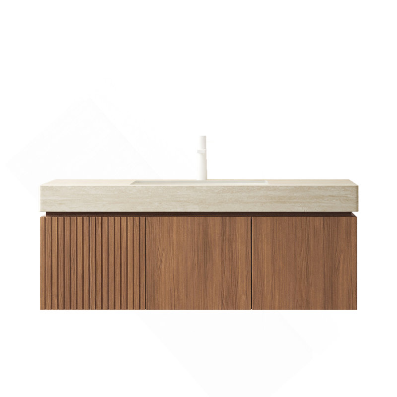 Meuble-lavabo de salle de bain 48 po avec lavabo MURI, armoire de rangement murale en contreplaqué avec tiroir et 2 portes, comptoir à motif de travertin avec lavabo Roma