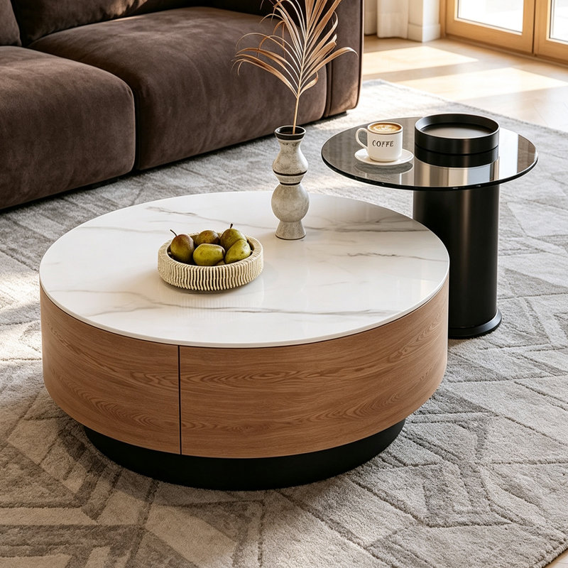 Ensemble de petites tables basses pour petit salon, 12.99" H x 27.55" W x 27.55" D, Black Top/Brown Base, Marble