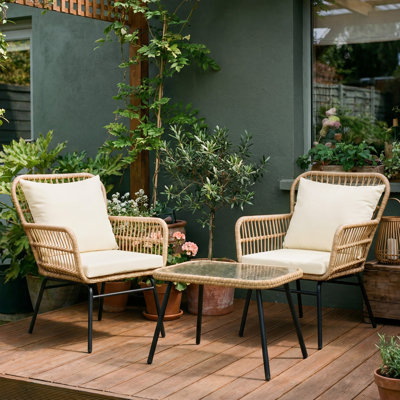 2 - Person Boho Patio Wicker Seating Group Dining Set with Cushions and Rectangular Glass-Top Table