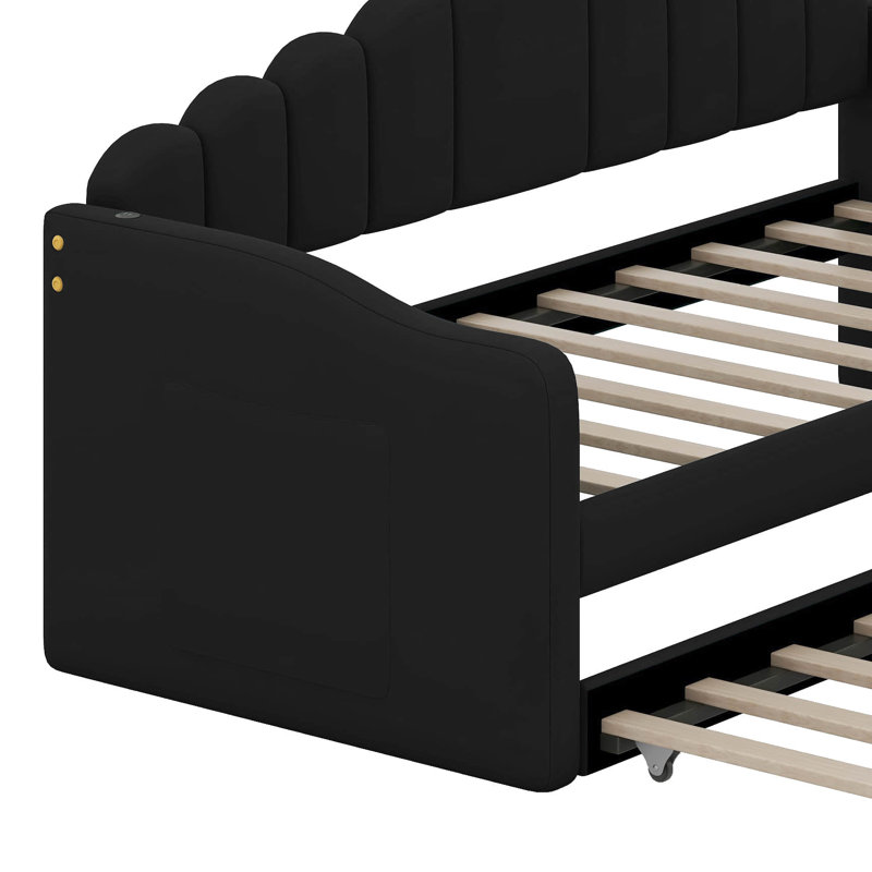 Lit de jour simple tapissier avec couchette, canapé-lit en velours avec ports USB, Noir