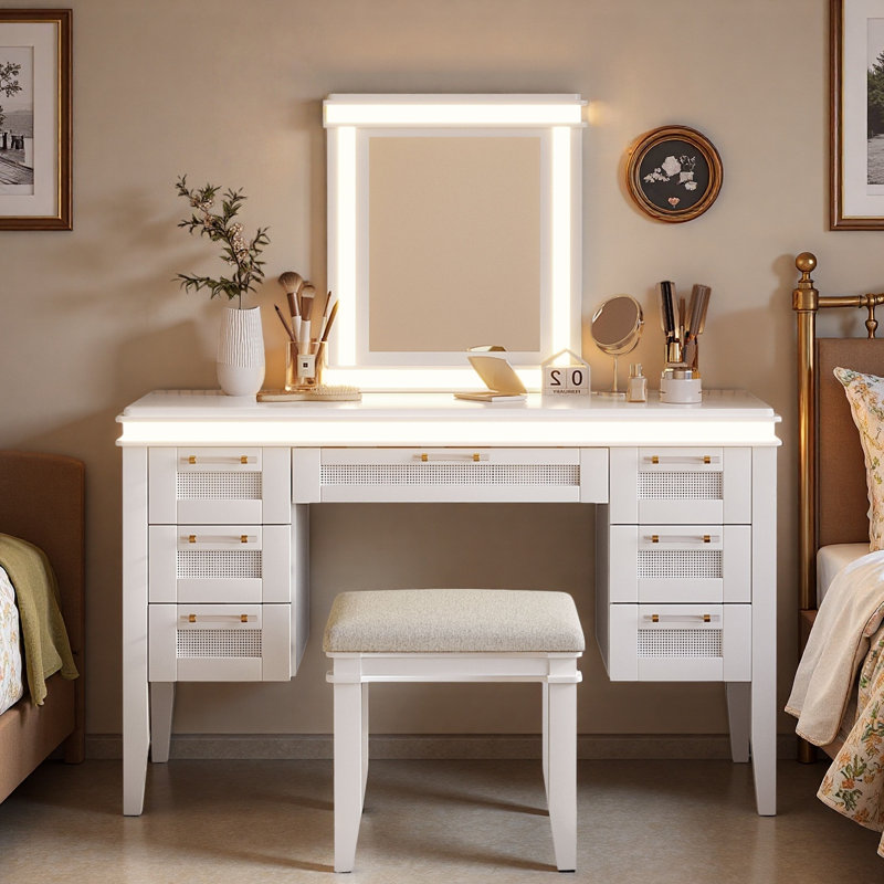 Vanity Desk With Mirror And Lights, 7 Drawers And Cushioned Stool, Light Beige