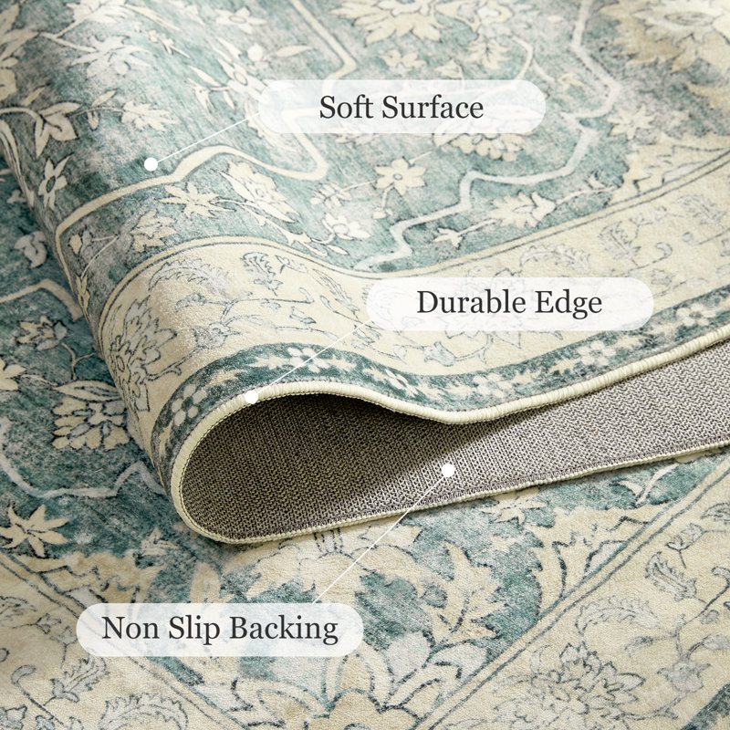 Oriental Inspired Vintage Machine Washable Area with Non-Slip Backing for High Traffic Area, Living Room, Bed Room, Kitchen, Hallway, Entryway Rug